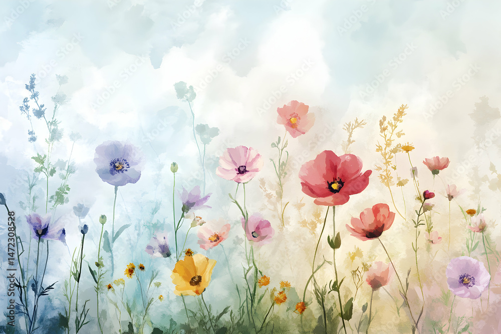 Obraz premium Lush Pastel Floral Landscape with Gentle Colors and Soft Background