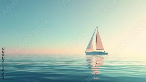 The white sailboat sailed on the calm blue sea, the clear sky reflected in the soft light, and the sea and sky met in the distance.