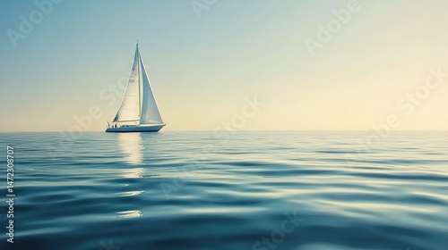 The white sailboat sailed on the calm blue sea, the clear sky reflected in the soft light, and the sea and sky met in the distance.