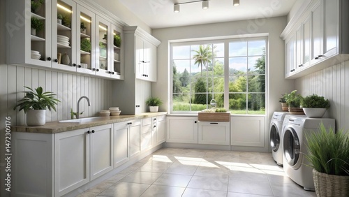 Bright, airy laundry room with white cabinets, a large window, and natural light
