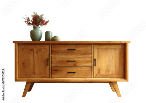 [Transparent Background PNG]Mid-Century Modern Wooden Buffet with Decorative Accents