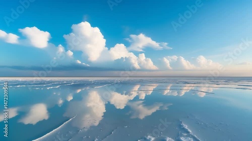 View of a large salt flat, covered in water and reflecting the sky on a sunny day with blue skies and white clouds, featuring a car in the distance.