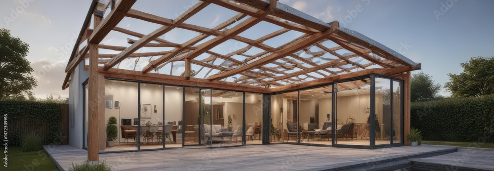 Obraz premium Modern home extension framing, new roof structure, wood, work, exterior