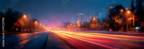 City Street at Night with Light Trails