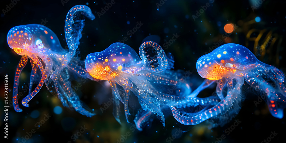 Naklejka premium Colorful Glowing Jellyfish Dancing in Deep Ocean Waters at Night