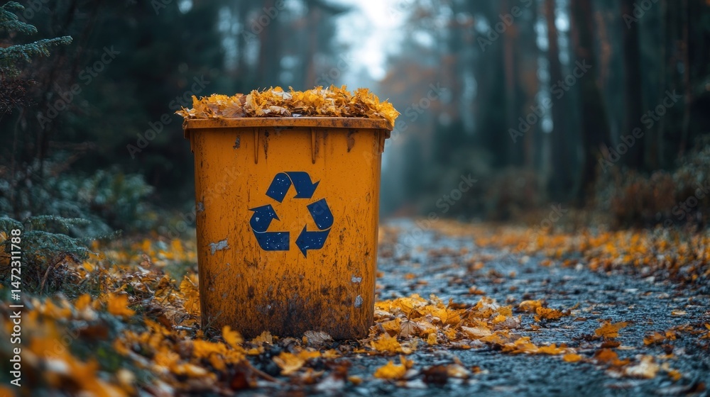 Fototapeta premium Autumn leaves in a recycling bin on a forest path