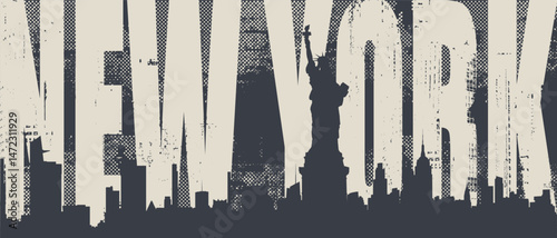 Vector banner or poster with American Statue of Liberty on New York City skyline silhouettes background. Landmark lettering. T-shirt design, flyer, travel brochure, postcard, No AI used