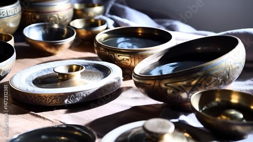 Close Up Of Shiny Tibetan Singing Bowls In Row