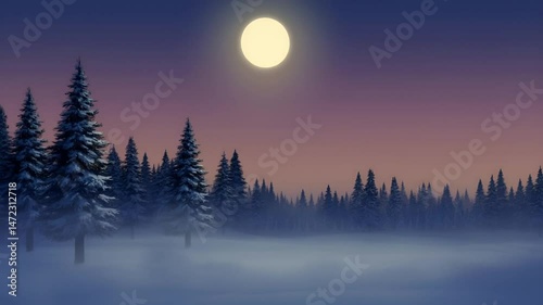 Full Moon Behind Snowy Tree In Peaceful Night Forest Animation