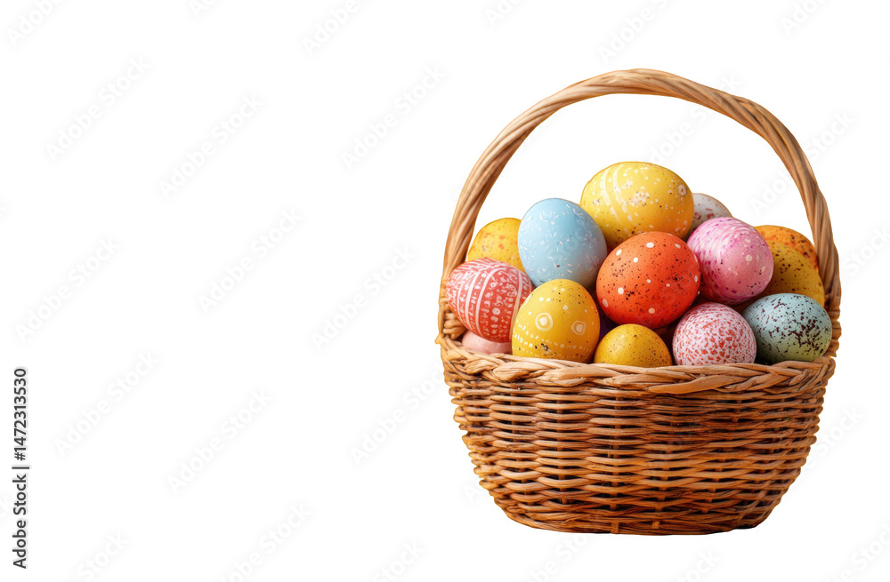 Naklejka premium Colorful easter eggs in a rustic woven basket spring holiday decoration food gift card happy image photo on transparent background