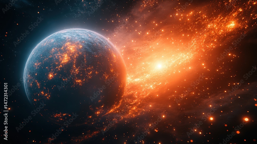 Obraz premium A planet in cosmic catastrophe, engulfed by fiery destruction.