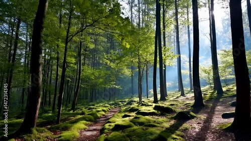 Sunlight Filtering Through Forest Trees In Tranquil Nature Scene