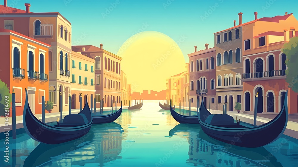 Fototapeta premium Venice canal sunrise gondolas.