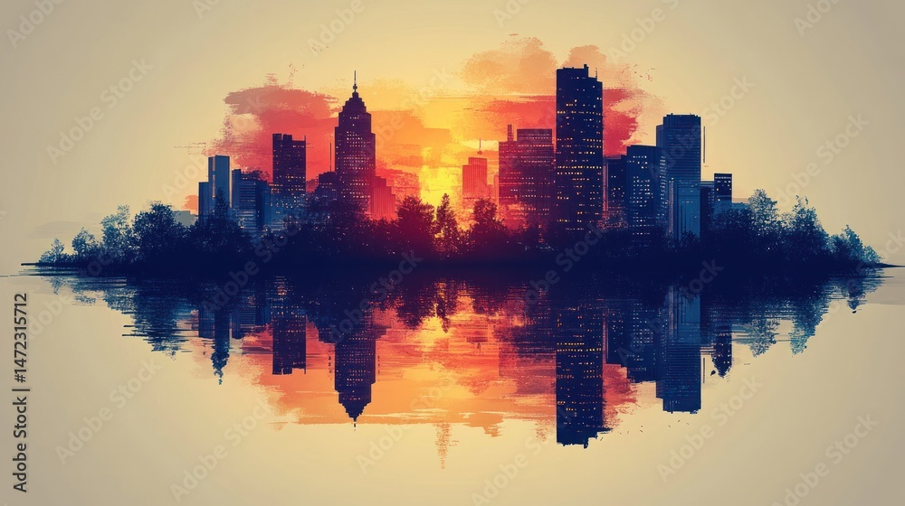 Fototapeta premium Cityscape Silhouette Sunrise Reflection