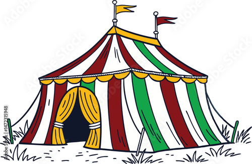 A red and white striped circus tent stands tall against the blue sky, promising fun and entertainment at the carnival or fair, perhaps with a friendly vector clown nearby