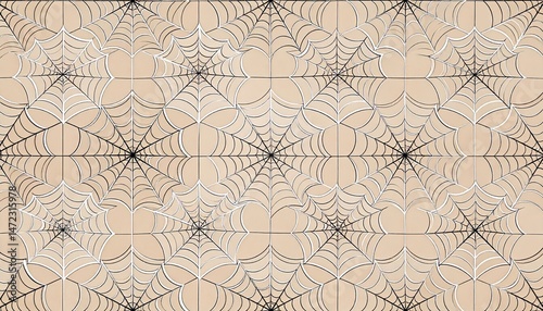 Seamless pattern featuring intricate spider web design, ideal for Halloween backgrounds and decor elements, in black and beige tones. Concept of spooky festive decoration.