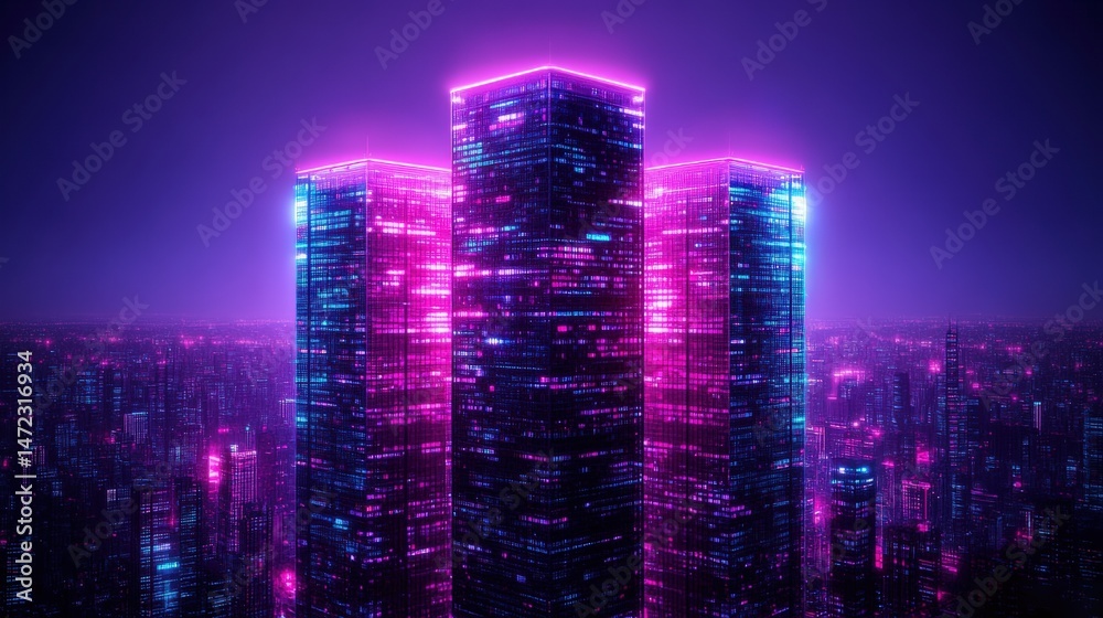 Obraz premium An abstract vibrant cityscape glows with futuristic neon lights highlighting the towe modern architecture.