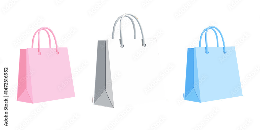 Set of Three Modern 3D Shopping Bags in Soft Pink, White, and Light Blue, with Glossy Surfaces and Handles, Isolated on Transparent Background, Vector PNG for E-commerce and Design Projects Set of Three Modern 3D Shopping Bags in Soft Pink, White, and Light Blue, with Glossy Surfaces and Handles, Isolated on Transparent Background, Vector PNG for E-commerce and Design Projects