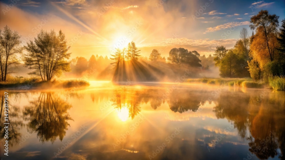 Fototapeta premium Serene Sunrise Over Misty Lake with Golden Rays Illuminating Trees