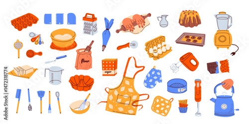 Set retro kitchen tools for baking Hand drawn of vintage kitchenware, utensils, ingredients set. Kitchen equipment, stuff for cooking cake. Molds, spoon, spatula, teapot, cup, plate, rolling pin