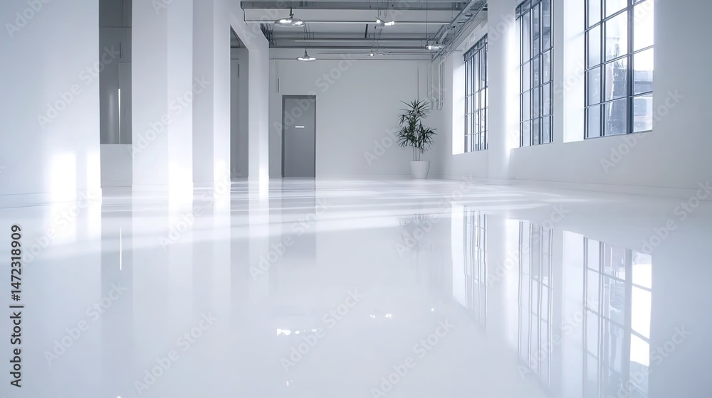 Fototapeta premium Spacious bright indoor space with mirror-like floor reflecting natural light and ceiling lights, white walls, distant doors.