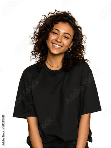Happy young woman smiling wearing a black oversized t shirt against a dark background studio portrait on transparent background