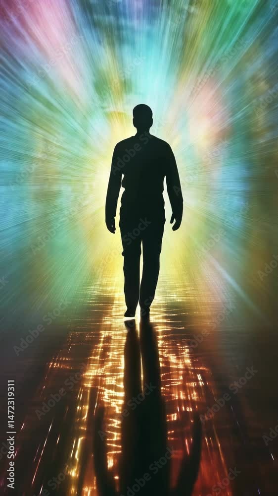 Person Silhouette Walking Towards Colorful Light Abstract Background Person Silhouette Walking Towards Colorful Light Abstract Background