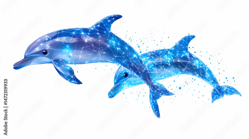 Fototapeta premium Two dolphins, rendered in a geometric, starry, blue style, leap playfully