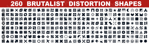 Brutal shapes minimal style design geometric big set. Postmodern distortion geometric forms. Contemporary vector shapes and forms, trendy retro design symbols and element