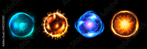 Fire ball. Magic light energy effect. Flame game orb or power fireball. Thunder glow. Round crystal sphere. Electric lightning blast sparkle. Vector 3D blazing plasma isolated shapes set