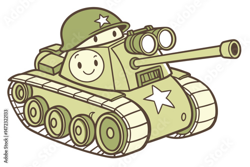 42 Cartoon army tank, smiling character, green military helmet, binoculars, white star emblem, treads, cannon barrel, chibi style, cute military illustration, children's book art, playful design, vect