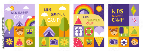 Summer camp poster. Schools child sport holidays, children geometric background as education flyer. Outdoors party and picnic for kids. Camping and tourism. Vector cartoon flat concept