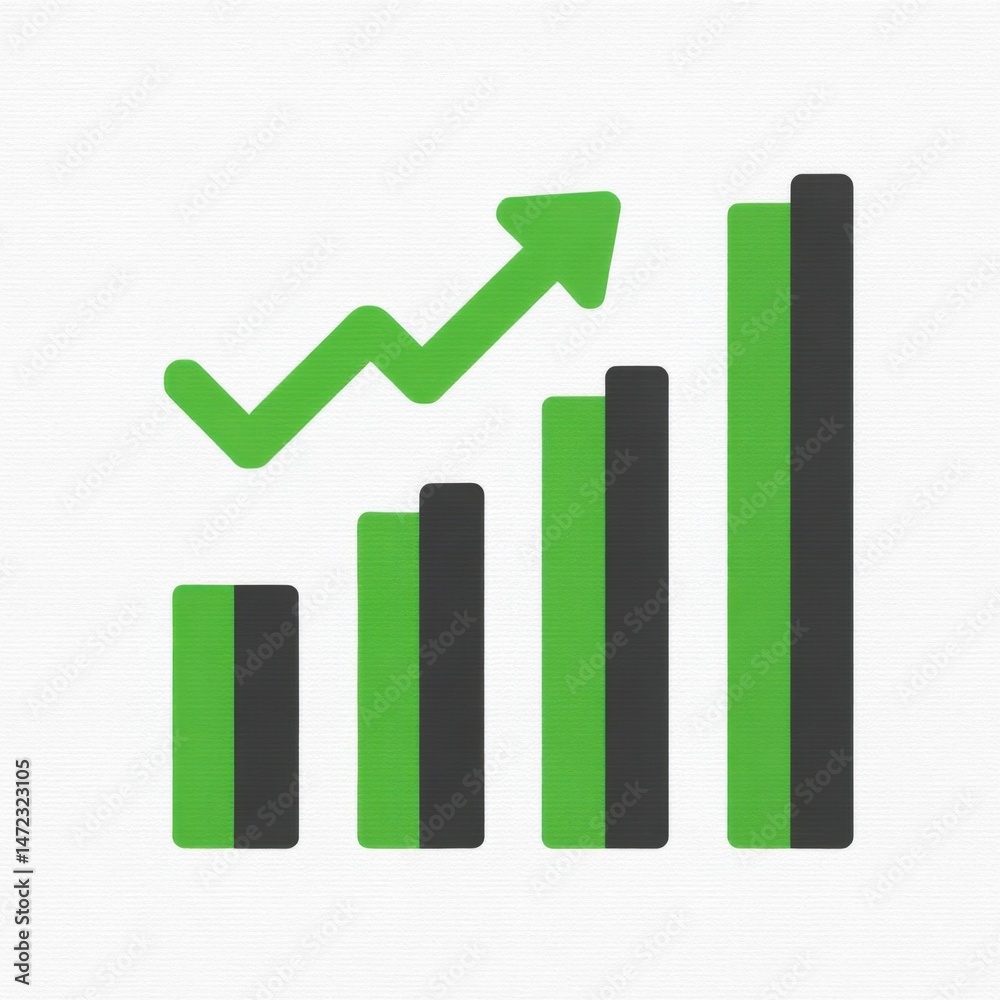 Green and black bar graph with an upward trending arrow on a white background Green and black bar graph with an upward trending arrow on a white background