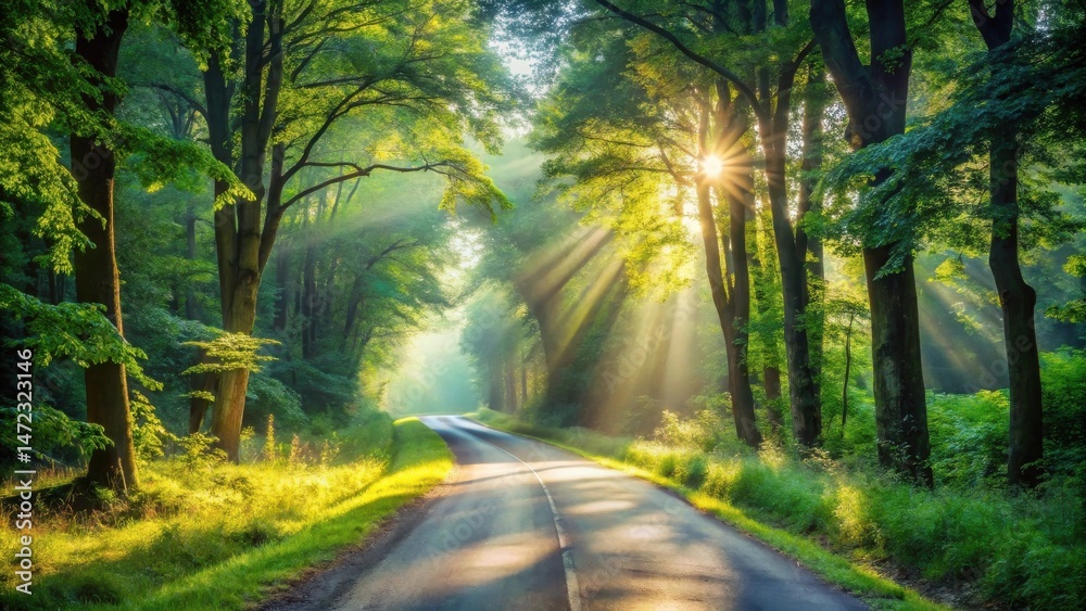 Obraz premium Sunbeams Illuminate a Winding Road Through a Lush Green Forest