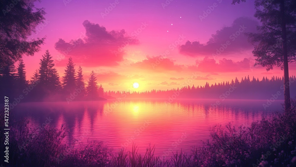 Fototapeta premium Serene sunset over a tranquil lake. Lush forest surrounds the still water, bathed in a vibrant, pink-purple sunset glow
