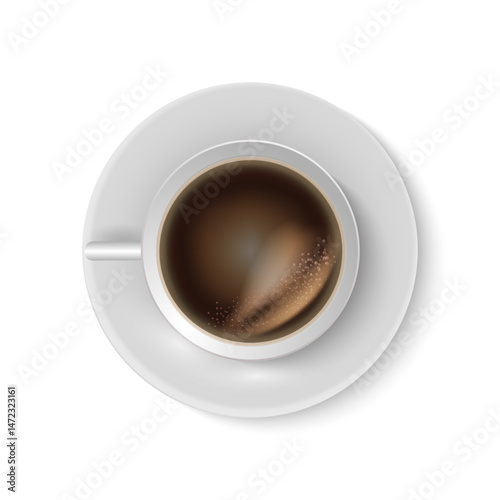 Realistic coffee mug top view. 3d cup and plate with americano or cappuccino, hot aromatic arabica beverage, hot espresso drink, white ceramic tableware, vector menu element