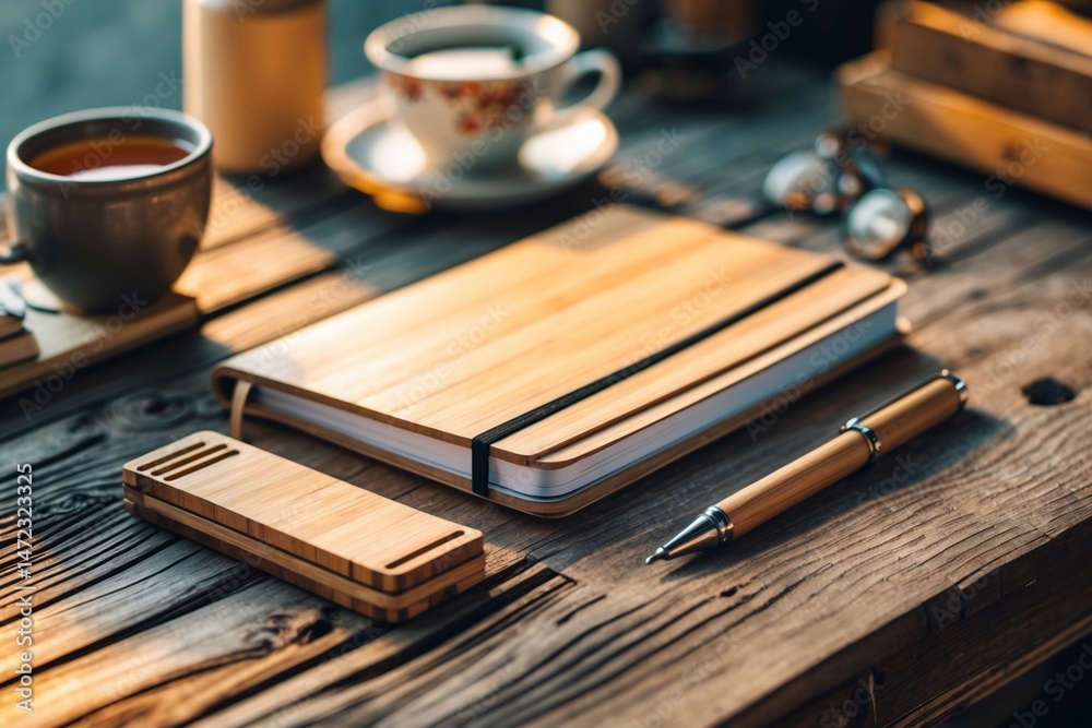 Fototapeta premium bamboo/ Wooden notebook pen teacup and coaster on a table. Perfect for stationary, office supplies, workspace, or workfromhome concept designs.
