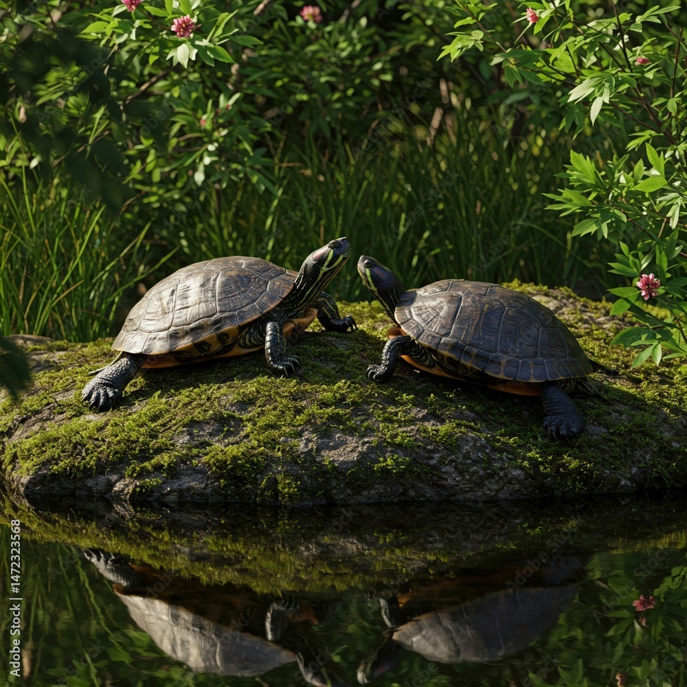 Fototapeta premium Two Turtles Resting on Rock Near Calm Lake with Reflections – World Turtle Day | World Sea Turtle Day | Sea Turtle | Save Turtle | 4K HD High Quality Turtle Laptop Desktop Wallpaper Background