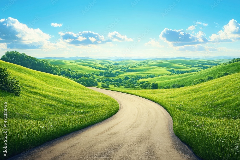 Fototapeta premium Winding Dirt Road Through Lush Green Hills and Valleys Under a Bright Blue Sky