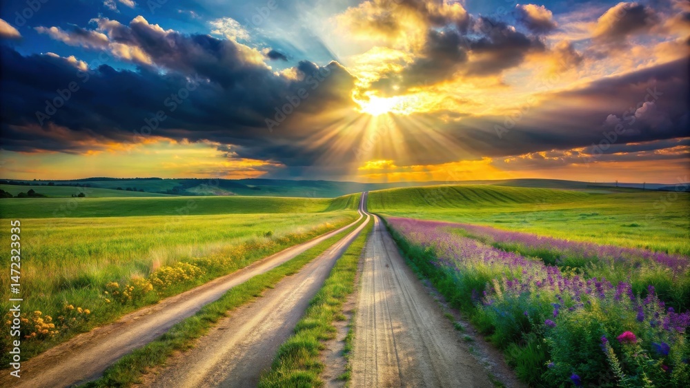 Fototapeta premium Serene Sunset Landscape Country Road Through Blooming Wildflowers and Rolling Green Fields Under a Dramatic Sky