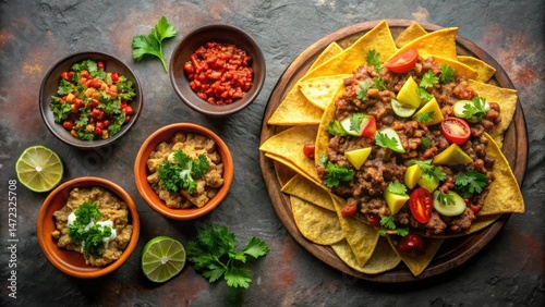 Savory Ground Meat Nachos with Fresh Tomato, Cucumber, and Cilantro Garnishes Served with Assorted Dips