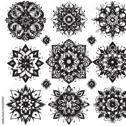 Floral mandala set icons on white background, vintage luxury, ornamental dec