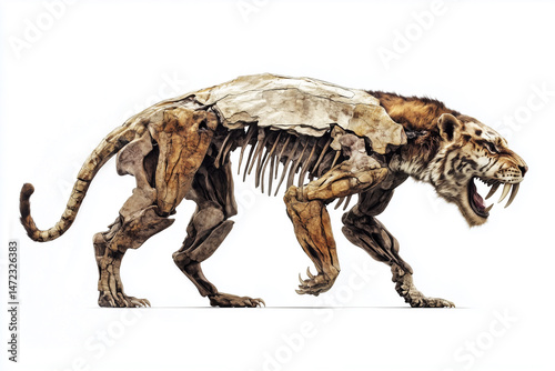 Detailed Saber Toothed Cat Fossil Reconstruction Against Plain Background