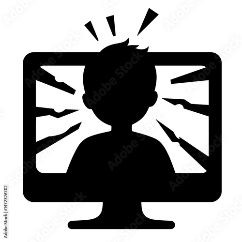 Silhouette of Child with Broken Screen and Alert, Concept of Digital Overload and Screen Time Management