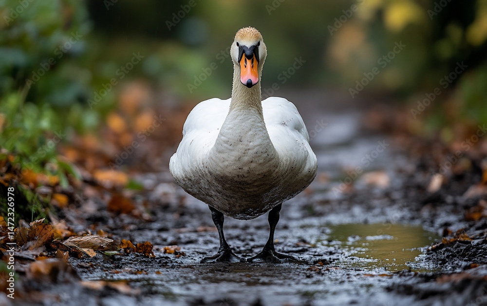 Fototapeta premium Mute Swan in a muddy path, autumnal colors.