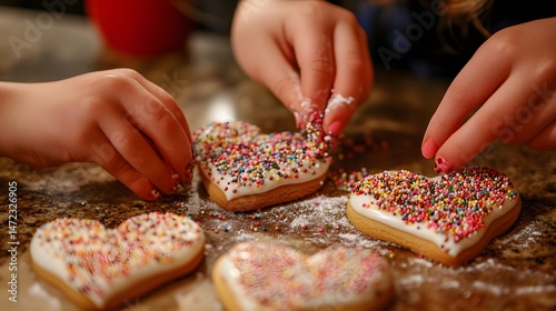 Family baking heart-shaped cookies together and decorating them with sprinkles