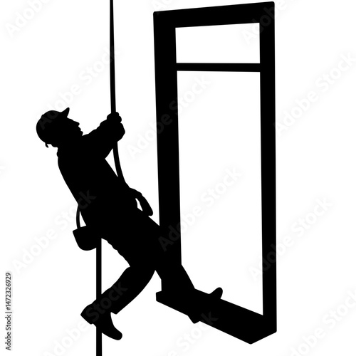 Silhouette of worker cleaning building window, black and white illustration, concept of maintenance, safety, and precision tasks
