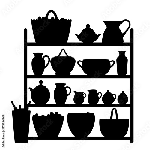 Silhouette of Store Shelf with Vintage Accessories, Black and White Aesthetic, Eco Trend in Second-Hand Shopping