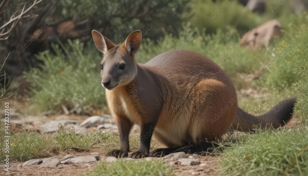 Fototapeta premium Rock wallaby grazing amongst sparse vegetation, animal, queensland, ecosystem
