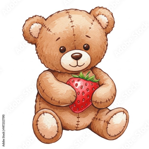 Cute stitched teddy bear holding a large strawberry, sitting with a sweet, friendly expression on a white background.